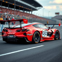 A Corvette C8 modified into a high-performance NASCAR race car, showcasing aggressive aerodynamics and racing features