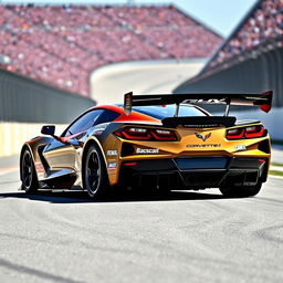 A Corvette C8 modified into a high-performance NASCAR race car, showcasing aggressive aerodynamics and racing features