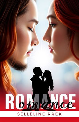 A captivating romance book cover featuring the large heads of an Asian man with a beard and long brown hair and a young woman with long red hair