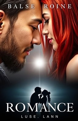 A captivating romance book cover featuring the large heads of an Asian man with a beard and long brown hair and a young woman with long red hair