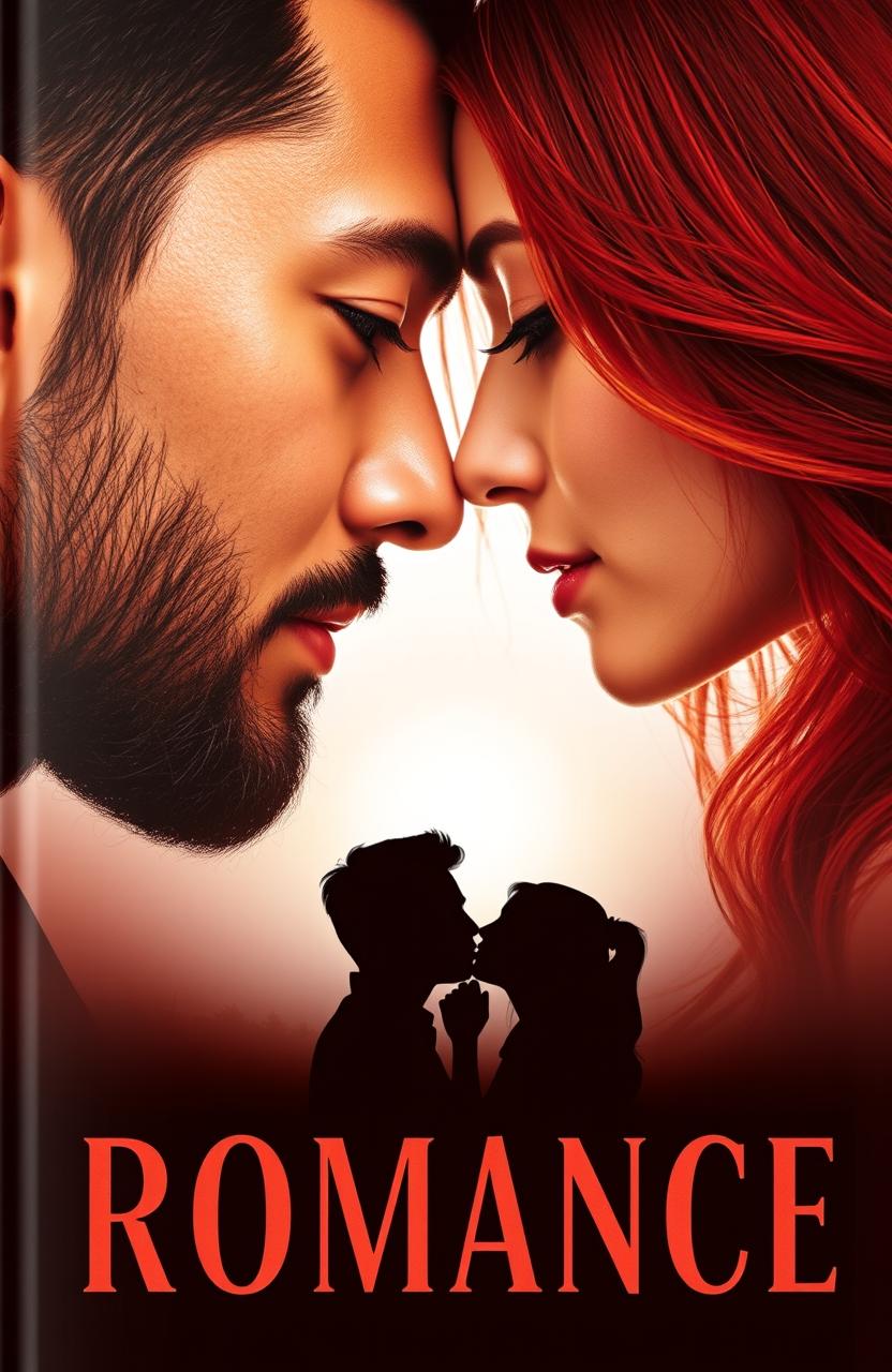 A captivating romance book cover featuring the large heads of an Asian man with a beard and long brown hair and a young woman with long red hair