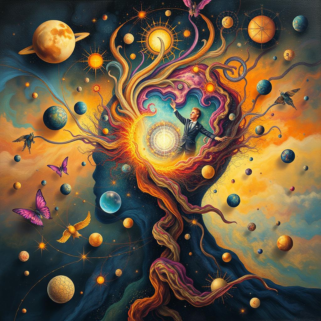 a surreal and abstract representation of the mind's inner space, filled with a swirling array of colors, shapes, and ethereal figures, symbolizing thoughts, dreams, and emotions, a vast cosmic landscape with neural pathways, a dreamlike tapestry reflecting cognitive processes and subconscious imagination