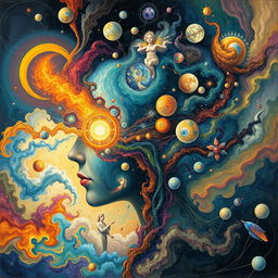 a surreal and abstract representation of the mind's inner space, filled with a swirling array of colors, shapes, and ethereal figures, symbolizing thoughts, dreams, and emotions, a vast cosmic landscape with neural pathways, a dreamlike tapestry reflecting cognitive processes and subconscious imagination