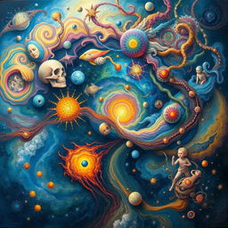 a surreal and abstract representation of the mind's inner space, filled with a swirling array of colors, shapes, and ethereal figures, symbolizing thoughts, dreams, and emotions, a vast cosmic landscape with neural pathways, a dreamlike tapestry reflecting cognitive processes and subconscious imagination