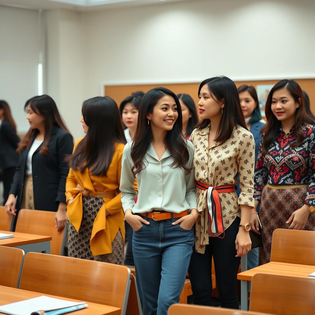 In a classroom setting, a group of adult Vietnamese women dressed in stylish, fashionable outfits that exude confidence and modernity