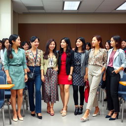 In a classroom setting, a group of adult Vietnamese women dressed in stylish, fashionable outfits that exude confidence and modernity