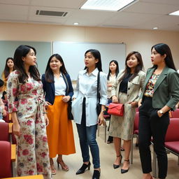 In a classroom setting, a group of adult Vietnamese women dressed in stylish, fashionable outfits that exude confidence and modernity