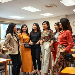 In a classroom setting, a group of adult Vietnamese women dressed in stylish, fashionable outfits that exude confidence and modernity