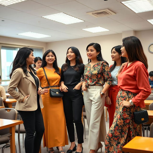 In a classroom setting, a group of adult Vietnamese women dressed in stylish, fashionable outfits that exude confidence and modernity