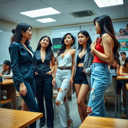 In a classroom setting, a group of adult Vietnamese women dressed in sexy, fashionable outfits that exude confidence and modernity