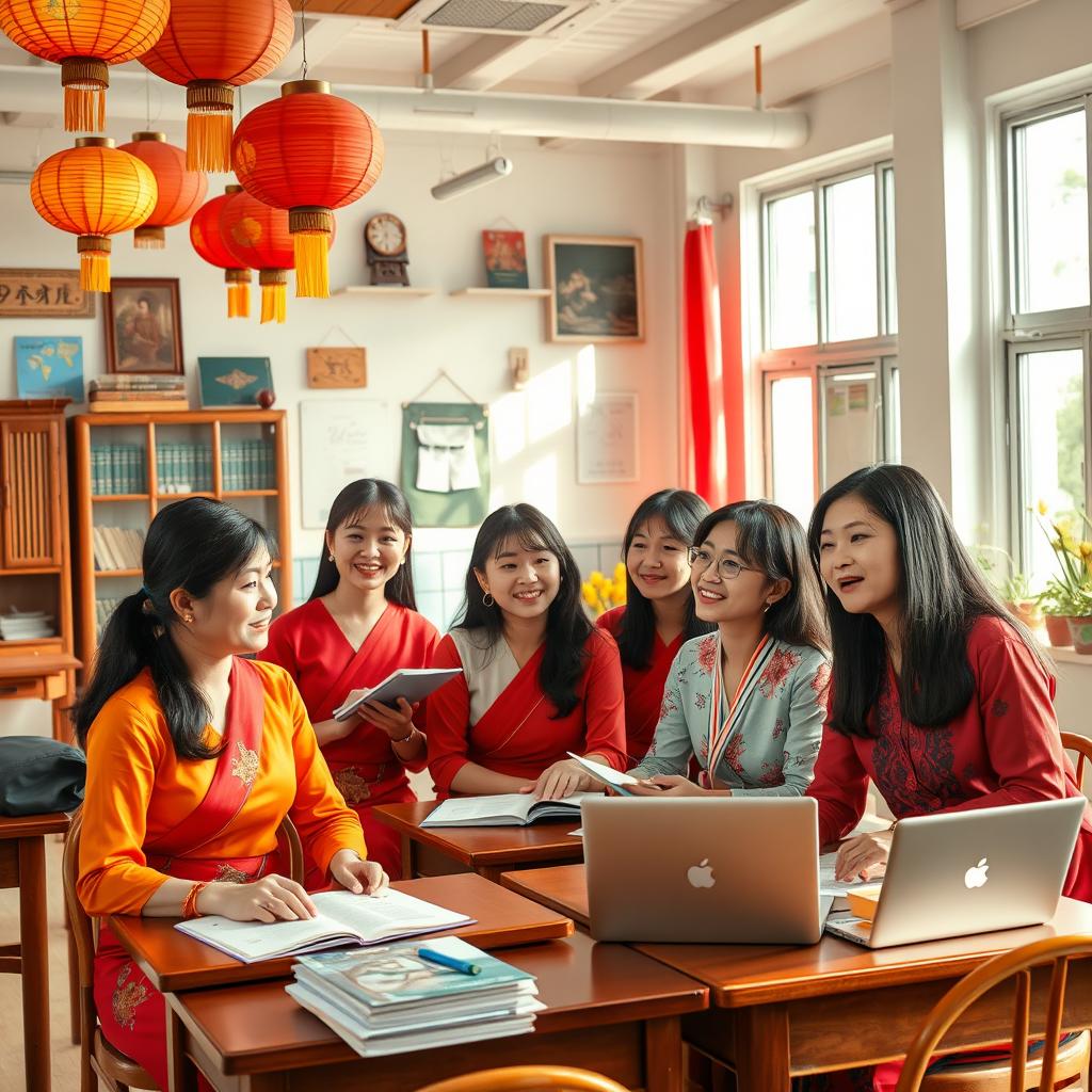 A group of realistic Vietnamese women in a classroom setting