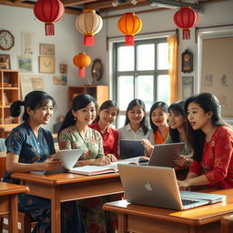 A group of realistic Vietnamese women in a classroom setting