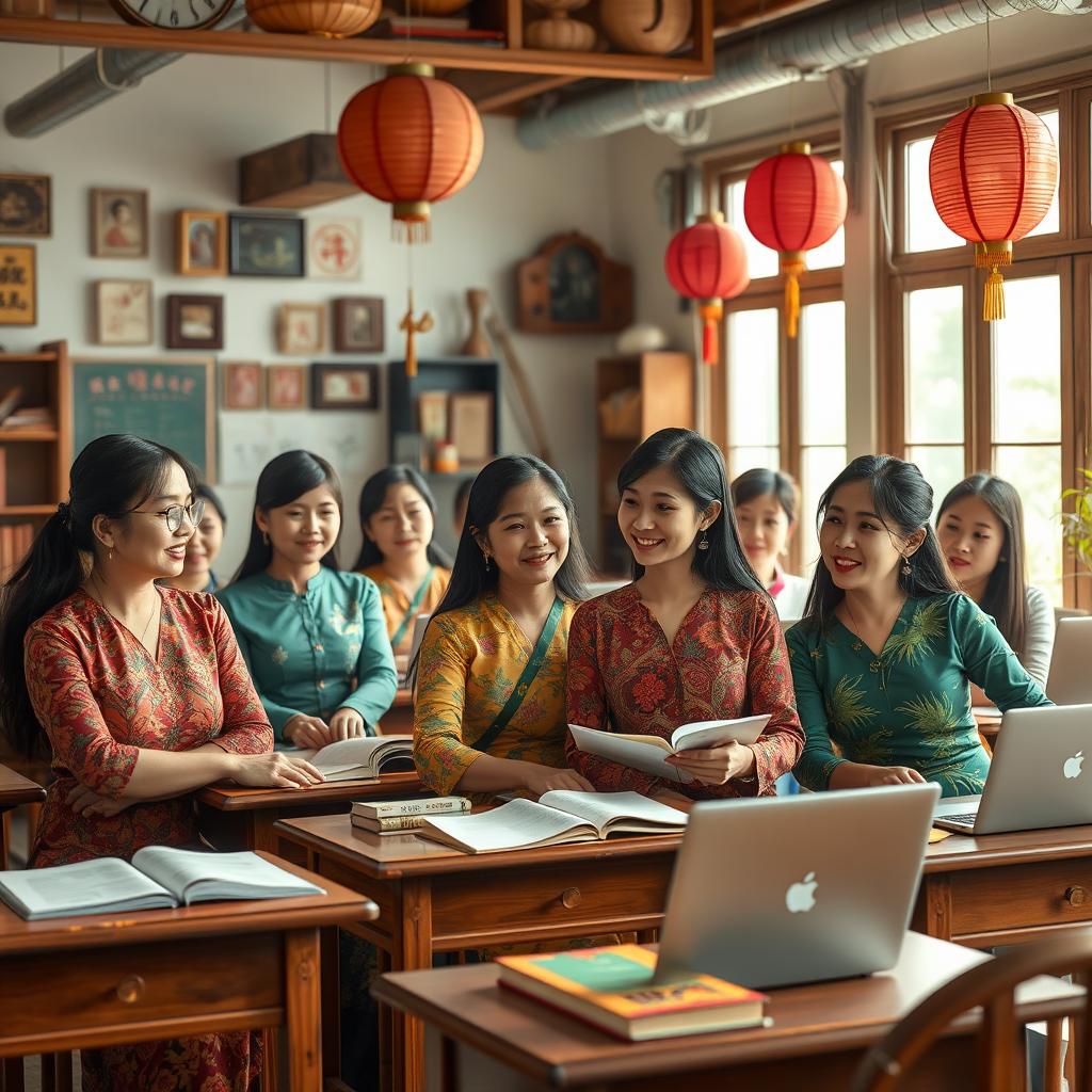 A group of realistic Vietnamese women in a classroom setting