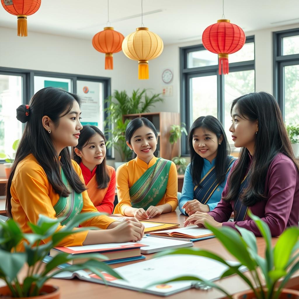 A classroom scene featuring realistic-looking Vietnamese women