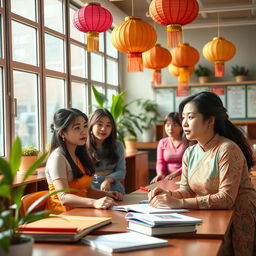 A classroom scene featuring realistic-looking Vietnamese women