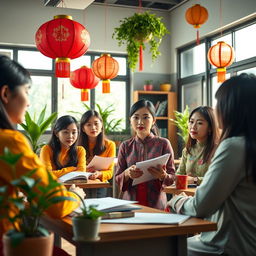 A classroom scene featuring realistic-looking Vietnamese women