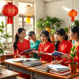 A classroom scene featuring realistic-looking Vietnamese women