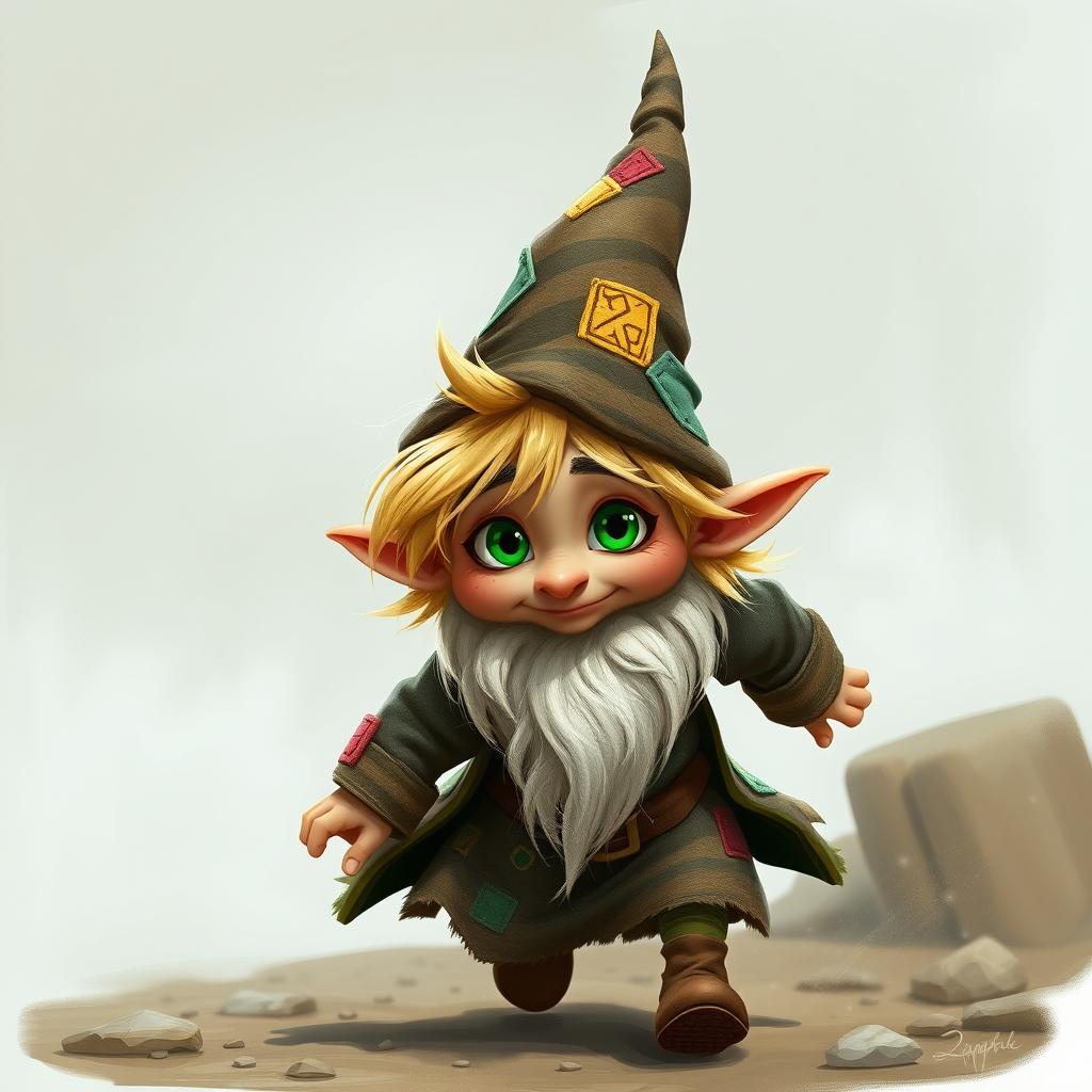 Zook Gimble, a mischievous gnome with a small horn protruding from their forehead, exuding an impish charm