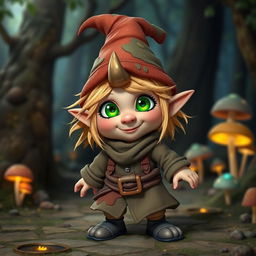 A whimsical gnome character named Zook Gimble, with a small horn jutting from their forehead for an impish charm and a knack for bending reality