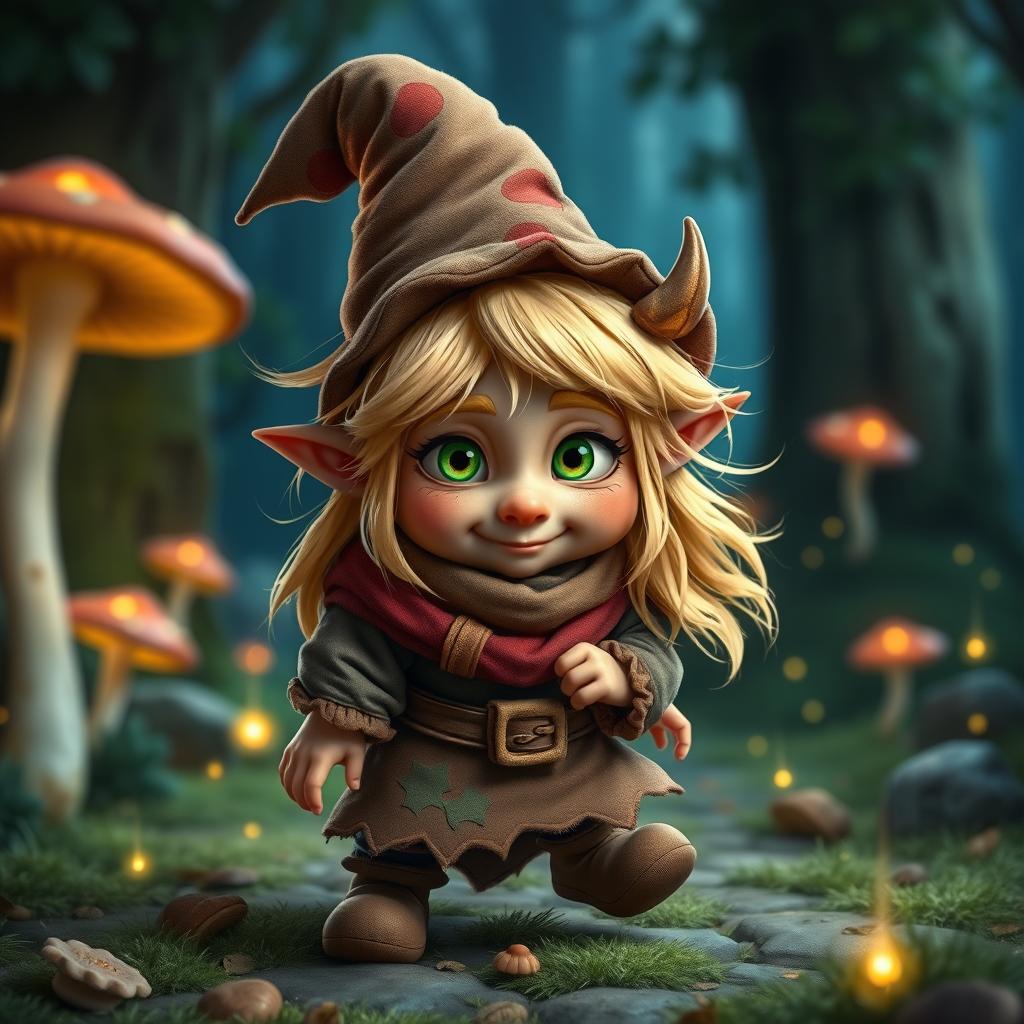 A whimsical gnome character named Zook Gimble, with a small horn jutting from their forehead for an impish charm and a knack for bending reality