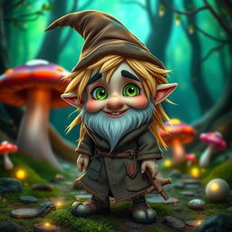 A whimsical gnome character named Zook Gimble, with a small horn jutting from their forehead for an impish charm and a knack for bending reality