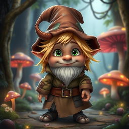 A whimsical gnome character named Zook Gimble, with a small horn jutting from their forehead for an impish charm and a knack for bending reality