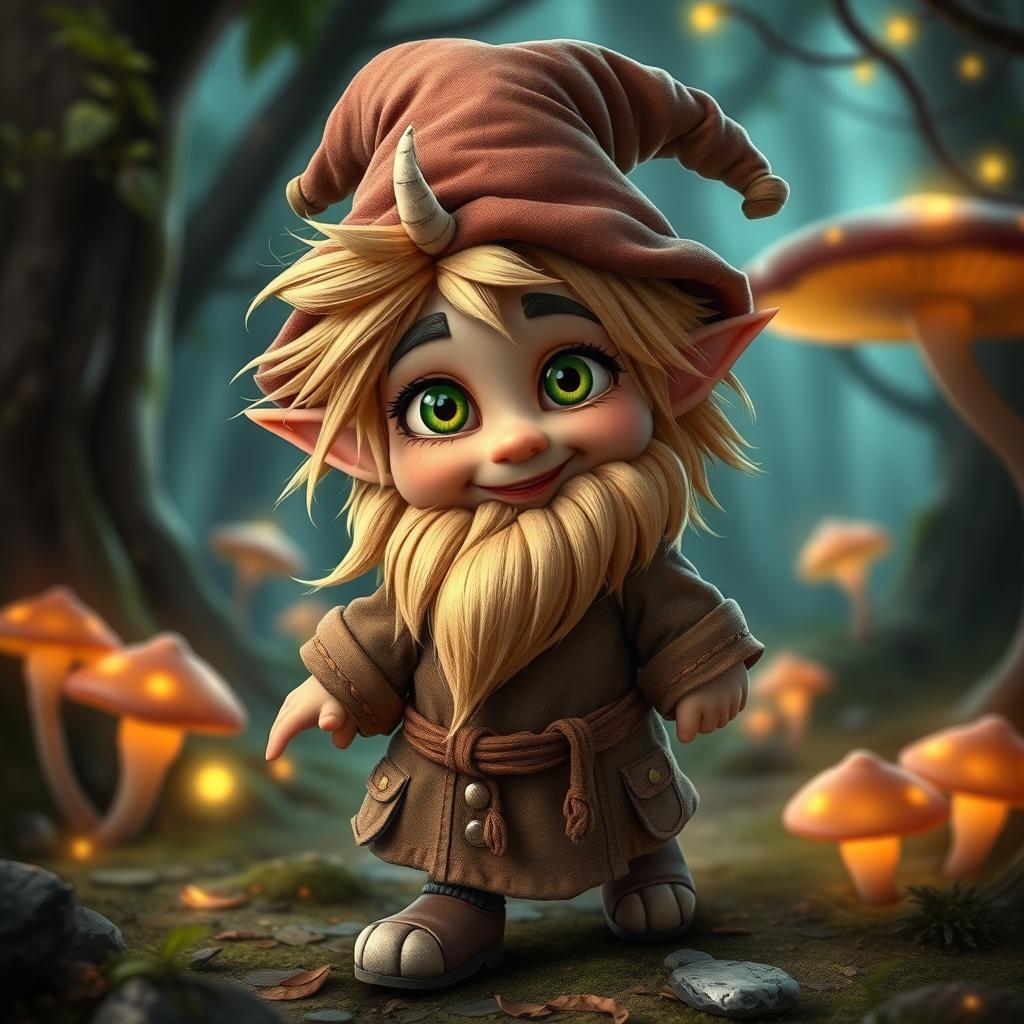 A whimsical gnome character named Zook Gimble, with a small horn jutting from their forehead for an impish charm and a knack for bending reality