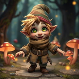 A whimsical gnome character named Zook Gimble, with a small horn jutting from their forehead for an impish charm and a knack for bending reality