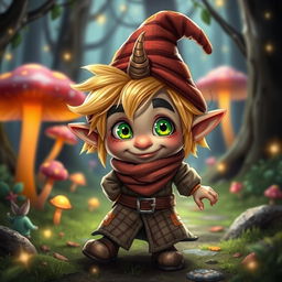 A whimsical gnome character named Zook Gimble, with a small horn jutting from their forehead for an impish charm and a knack for bending reality