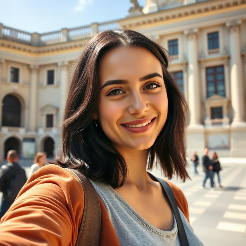 A modern-day woman in a selfie pose reminiscent of the Mona Lisa, with a serene, enigmatic smile