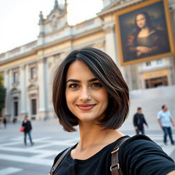 A modern-day woman in a selfie pose reminiscent of the Mona Lisa, with a serene, enigmatic smile