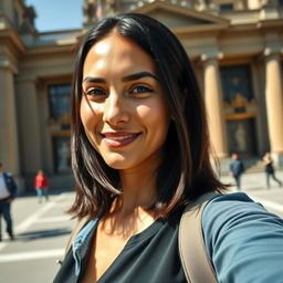 A modern-day woman in a selfie pose reminiscent of the Mona Lisa, with a serene, enigmatic smile