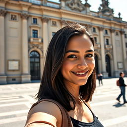 A modern-day woman in a selfie pose reminiscent of the Mona Lisa, with a serene, enigmatic smile