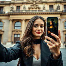 A modern woman capturing a selfie inspired by the famous Gioconda, aka Mona Lisa, with a subtle, mysterious smile