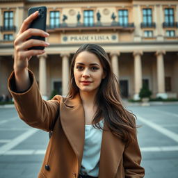 A modern woman capturing a selfie inspired by the famous Gioconda, aka Mona Lisa, with a subtle, mysterious smile