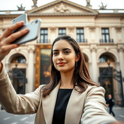 A modern woman capturing a selfie inspired by the famous Gioconda, aka Mona Lisa, with a subtle, mysterious smile