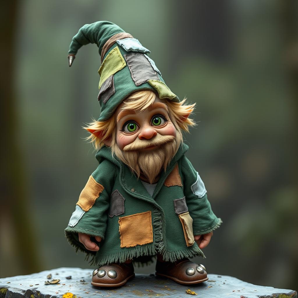 Zook Gimble, a captivating gnome of mischief and charm, wearing a weathered forest-green robe adorned with mismatched patches, each patch telling its own story