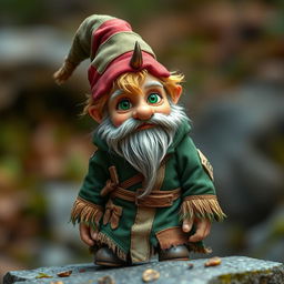 Zook Gimble, a captivating gnome of mischief and charm, wearing a weathered forest-green robe adorned with mismatched patches, each patch telling its own story