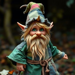 Zook Gimble, a captivating gnome of mischief and charm, wearing a weathered forest-green robe adorned with mismatched patches, each patch telling its own story