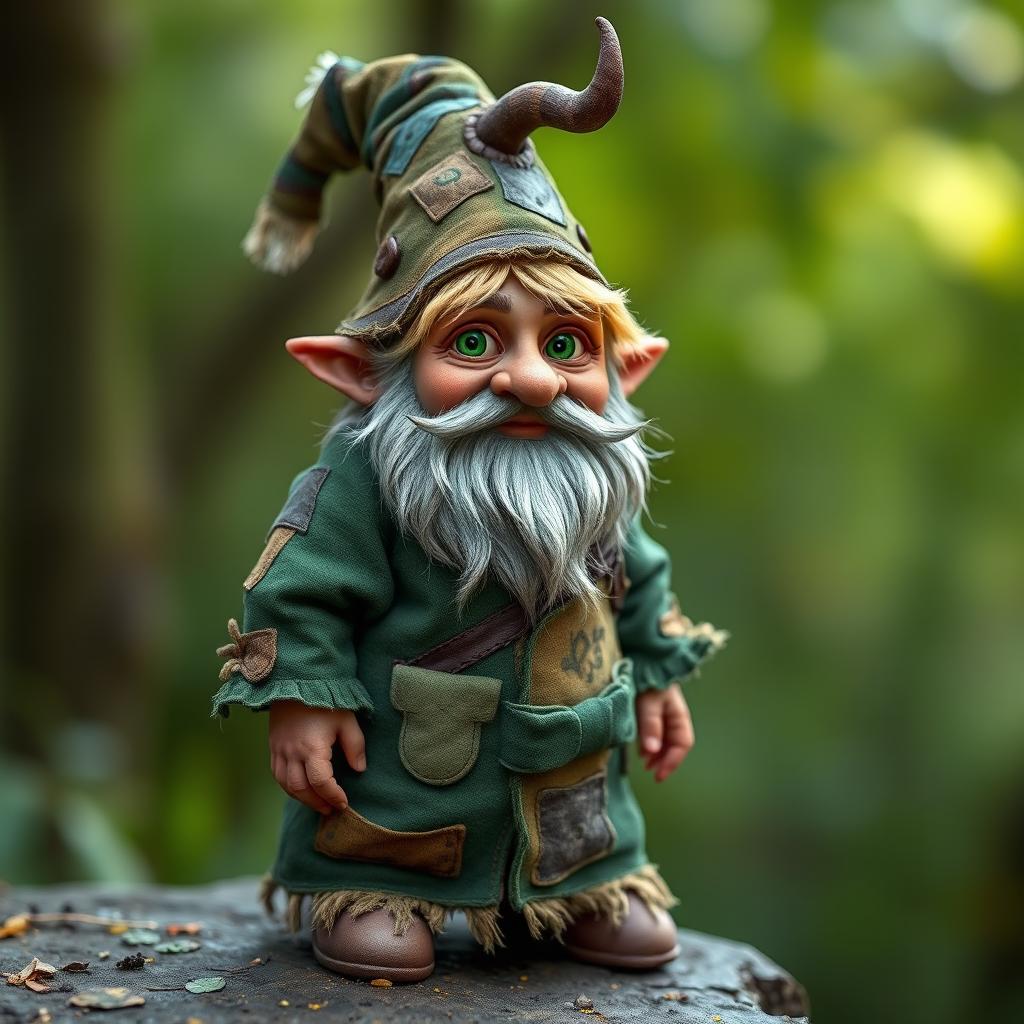 Zook Gimble, a captivating gnome of mischief and charm, wearing a weathered forest-green robe adorned with mismatched patches, each patch telling its own story