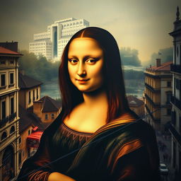 A reimagined portrait of the Gioconda, or Mona Lisa, set against the backdrop of the bustling city of Madrid