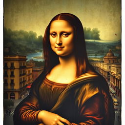 A reimagined portrait of the Gioconda, or Mona Lisa, set against the backdrop of the bustling city of Madrid