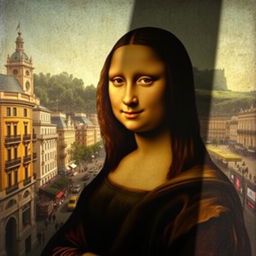 A reimagined portrait of the Gioconda, or Mona Lisa, set against the backdrop of the bustling city of Madrid