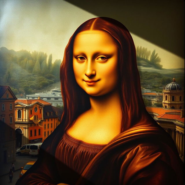 A reimagined portrait of the Gioconda, or Mona Lisa, set against the backdrop of the bustling city of Madrid