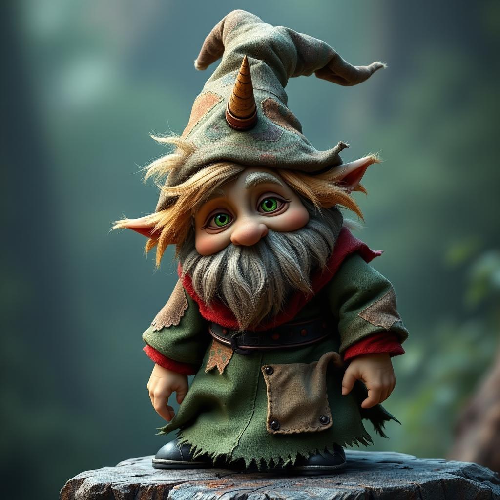 Zook Gimble, a captivating gnome of mischief and charm, wearing a weathered forest-green robe adorned with mismatched patches, each patch telling its own story