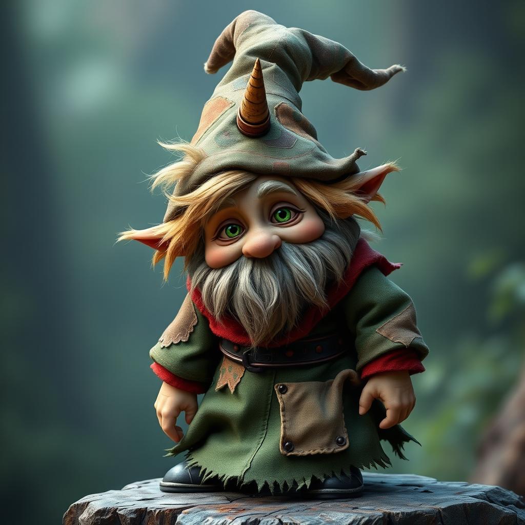 Zook Gimble, a captivating gnome of mischief and charm, wearing a weathered forest-green robe adorned with mismatched patches, each patch telling its own story