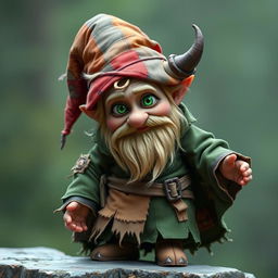 Zook Gimble, a captivating gnome of mischief and charm, wearing a weathered forest-green robe adorned with mismatched patches, each patch telling its own story