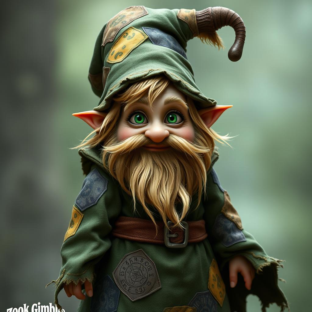 Zook Gimble, a captivating gnome of mischief and charm, wearing a weathered forest-green robe adorned with mismatched patches, each patch telling its own story