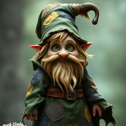 Zook Gimble, a captivating gnome of mischief and charm, wearing a weathered forest-green robe adorned with mismatched patches, each patch telling its own story