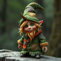 Zook Gimble, a captivating gnome of mischief and charm, wearing a weathered forest-green robe adorned with mismatched patches, each patch telling its own story